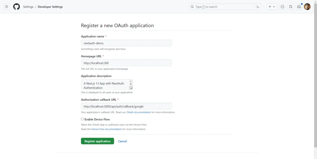 Github OAuth Settings Page = Nextjsdev.com